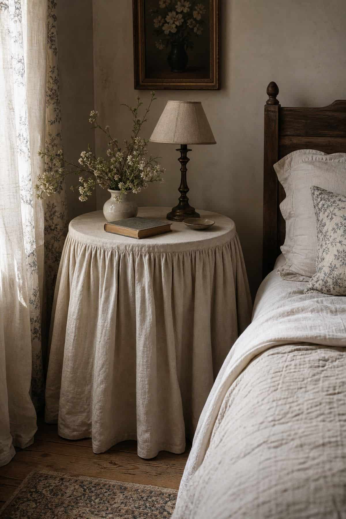 Cream skirted side table styled in a cozy French country bedroom corner.