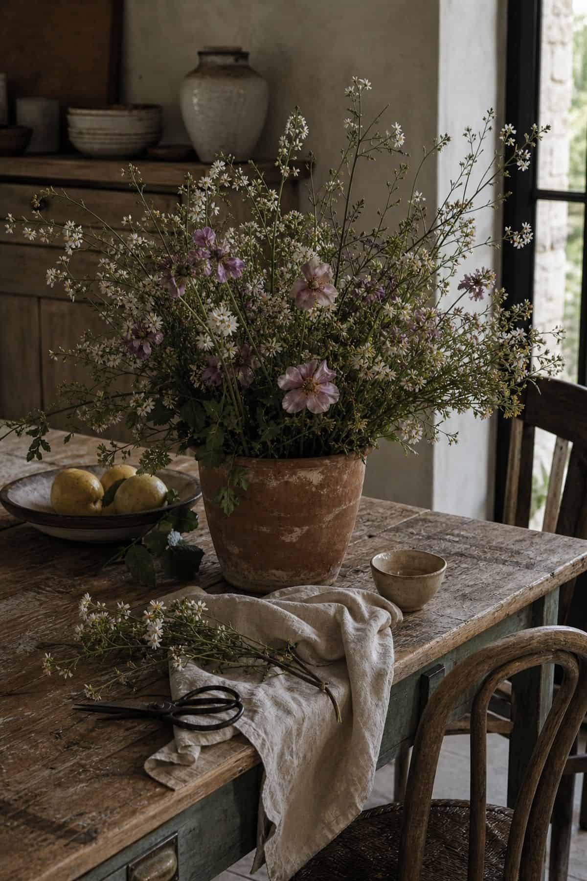Loose garden flowers arranged indoors on a French country kitchen table.