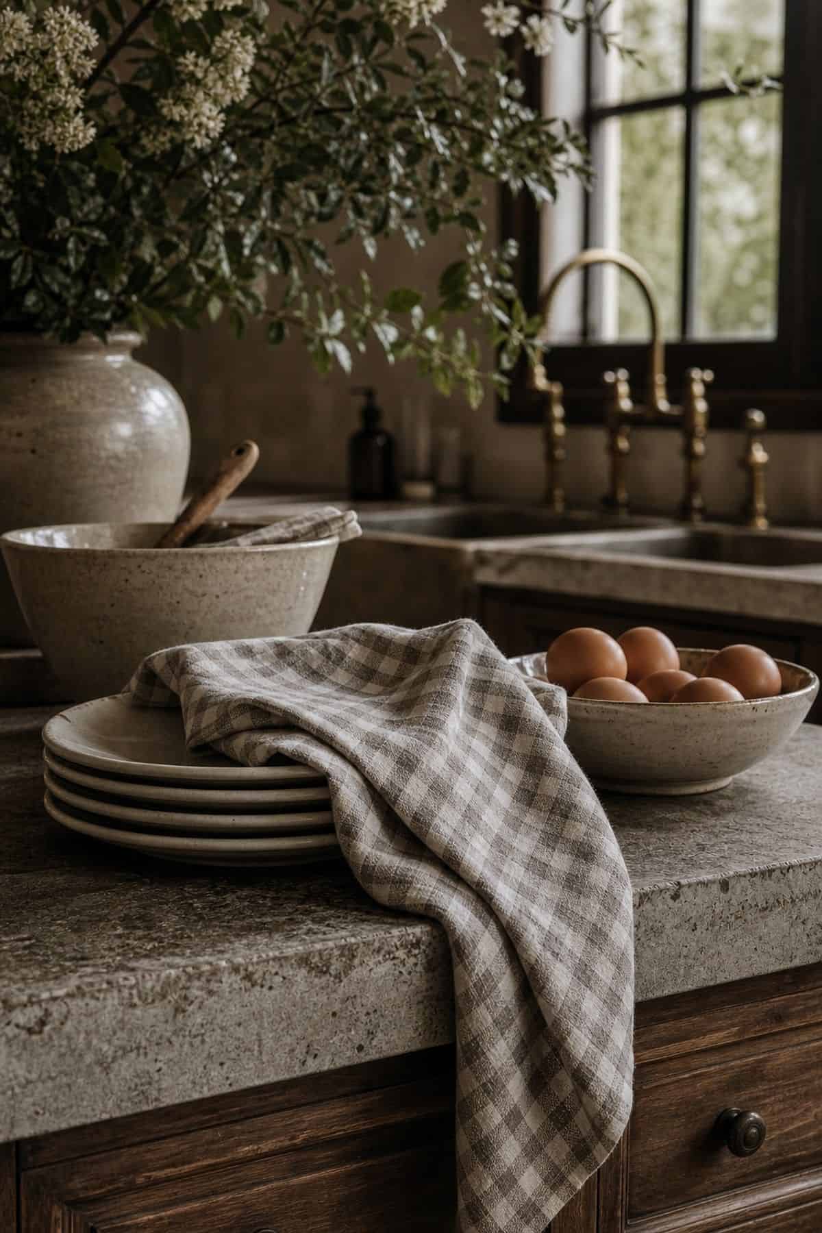 Checked napkins styled on a stone counter in a French country kitchen.