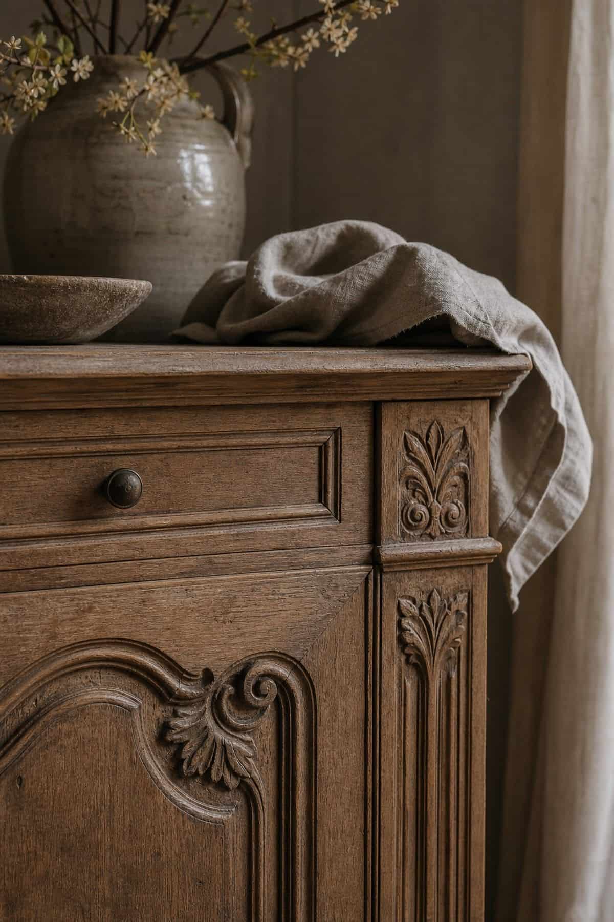 Close view of carved wood detail on an antique French country cabinet.