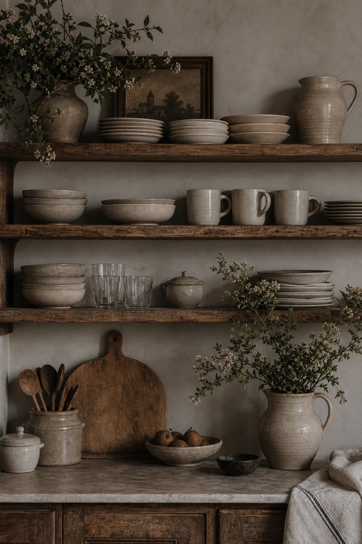 Open shelf crockery arranged on worn wood shelving in a French country kitchen.