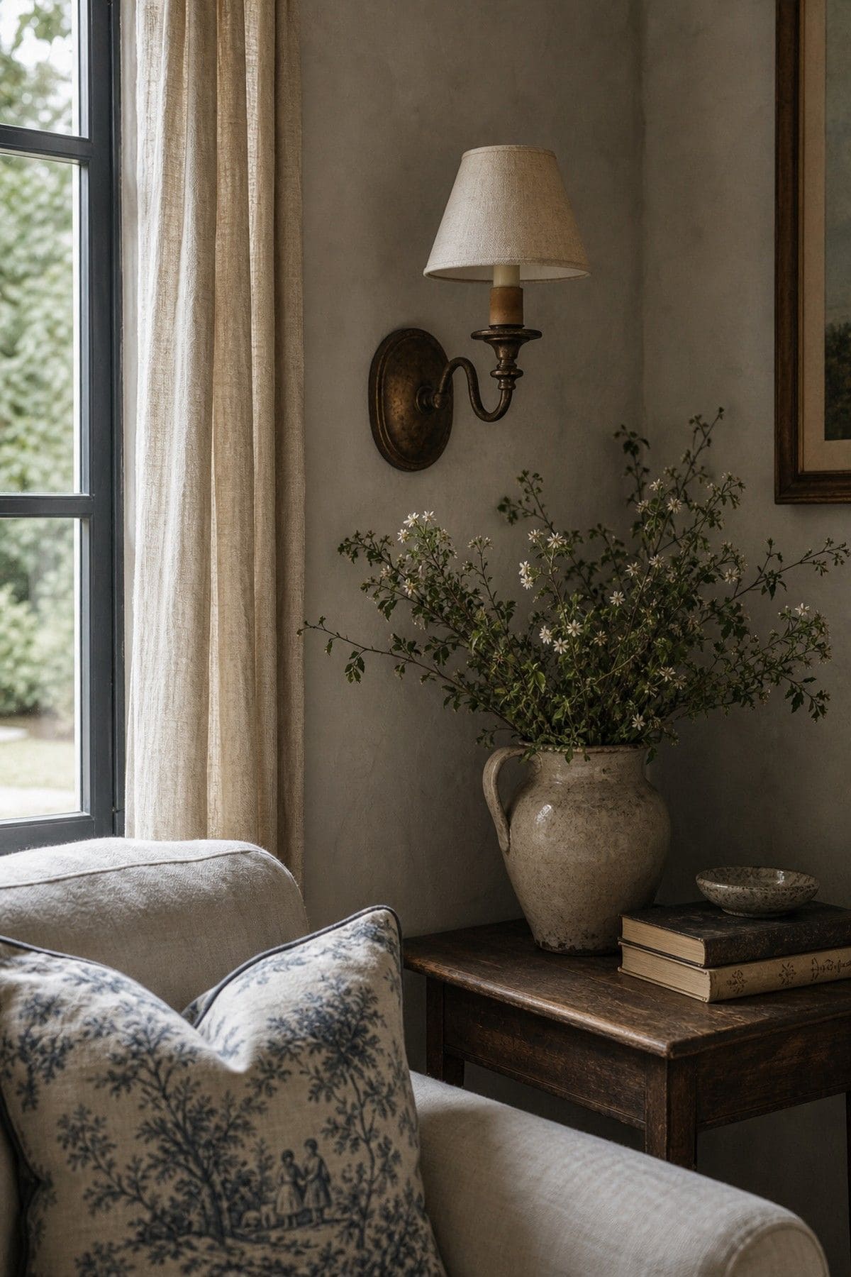 Romantic practical lighting with an antique sconce and linen shade in a French country room.