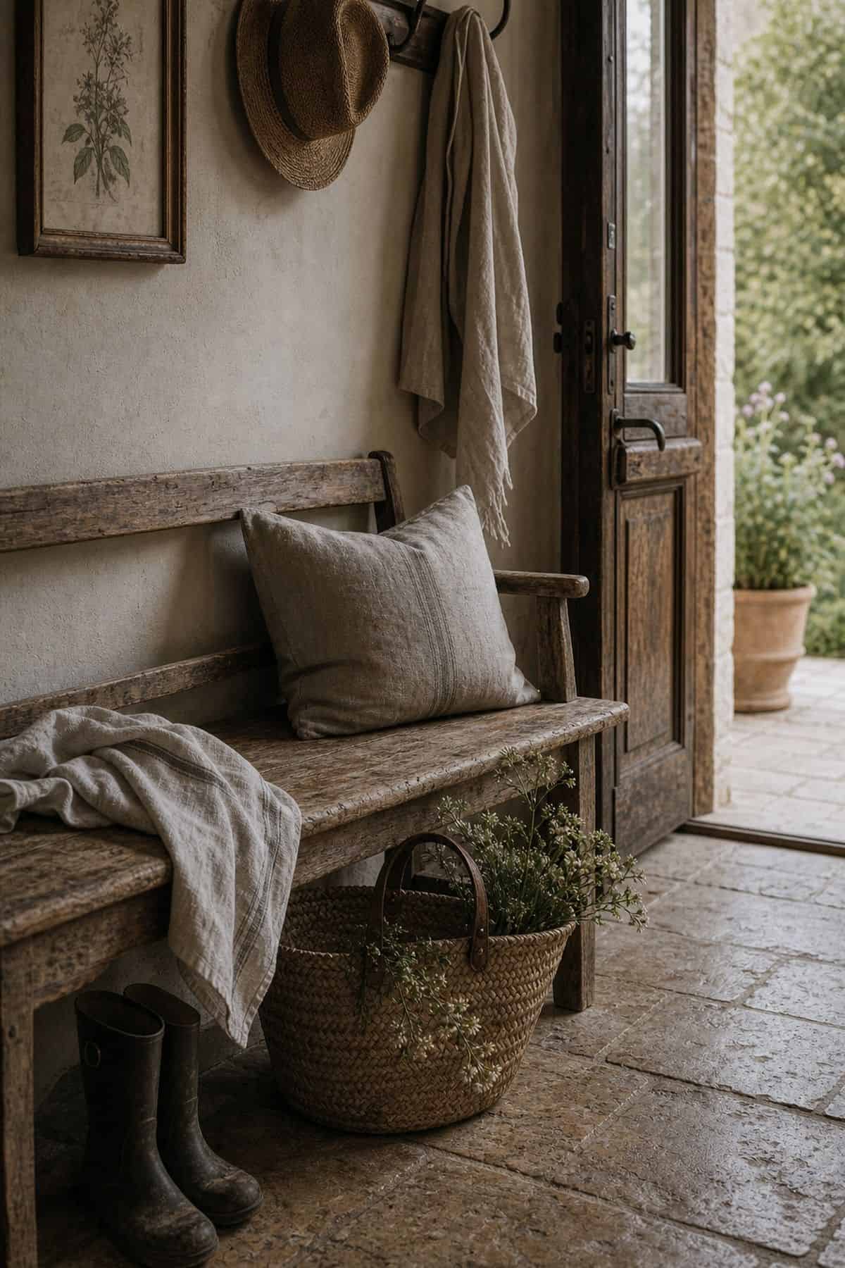 Weathered wooden bench with linen cushion in a French country garden entry.