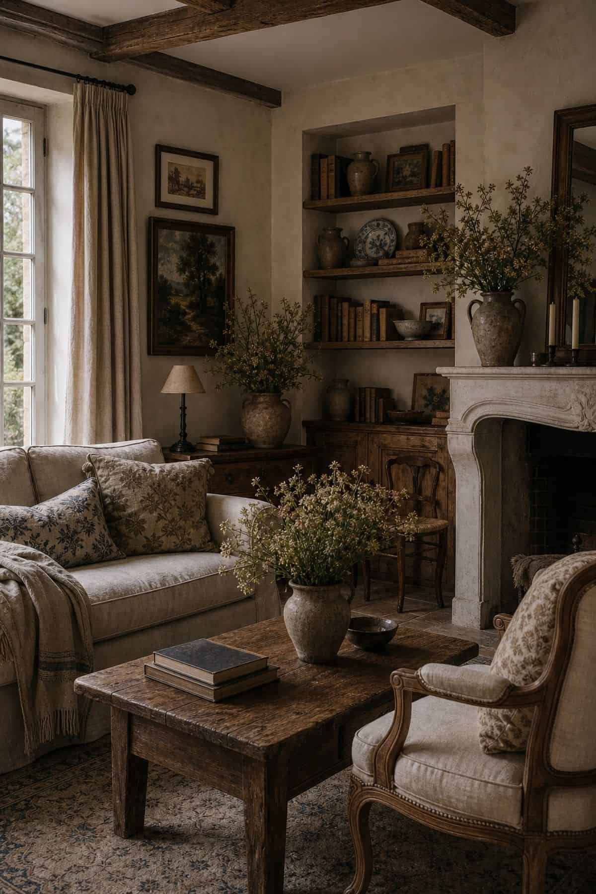 Collected French country living room with antique wood, linen, and stoneware accents.