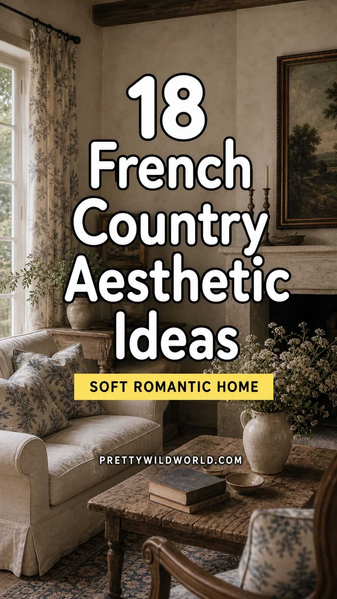 Pinterest pin for French country aesthetic ideas for a soft romantic home.