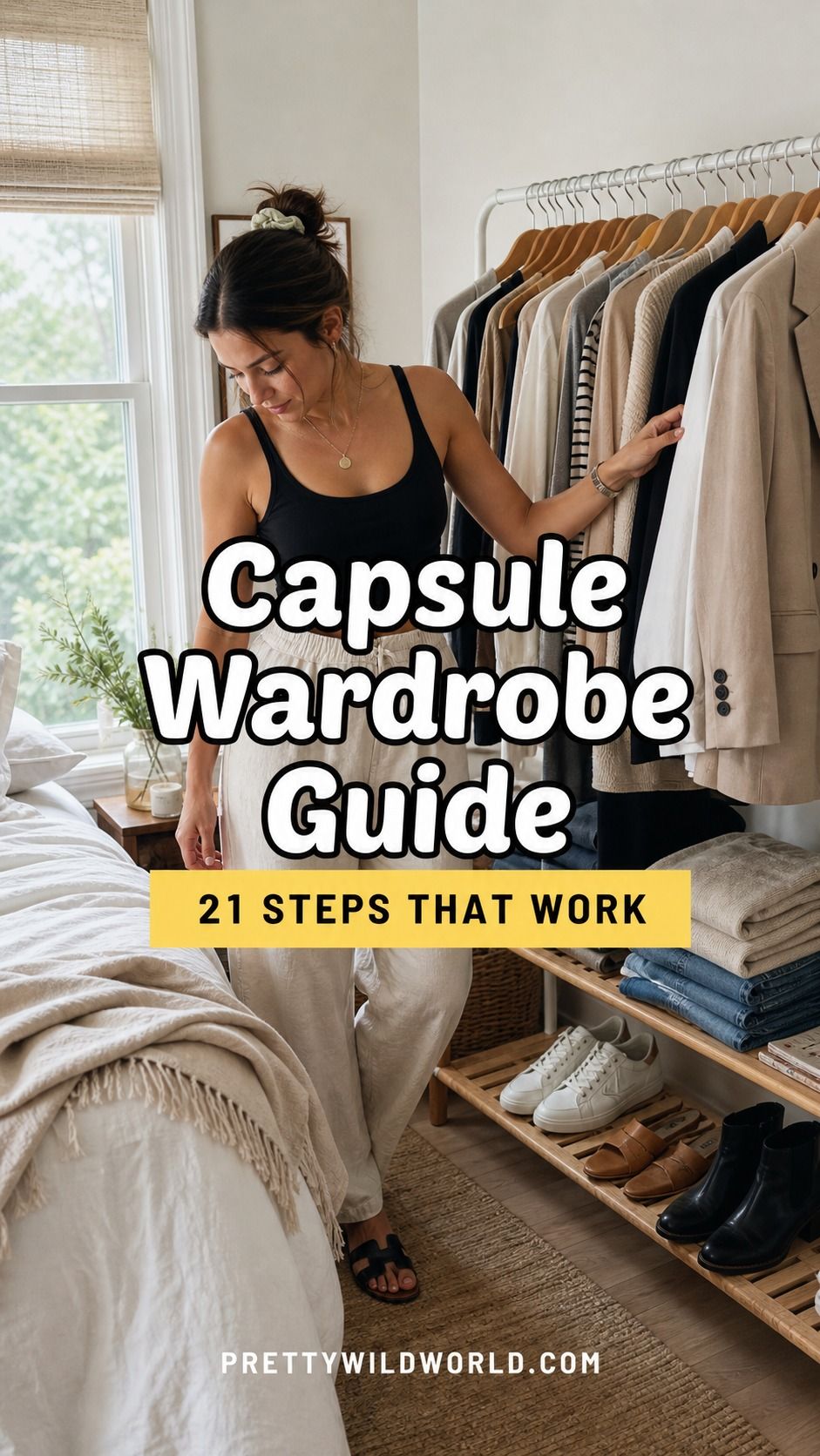 Pinterest pin for 21 Steps for How to Build a Capsule Wardrobe That Actually Works for Your Life from Pretty Wild World.