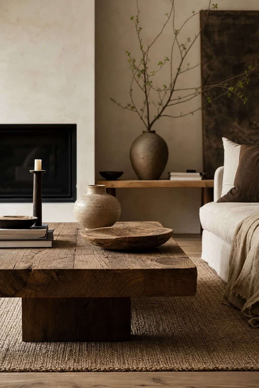 Japandi living room with a low wood coffee table, linen sofa, ceramics, and soft natural light.