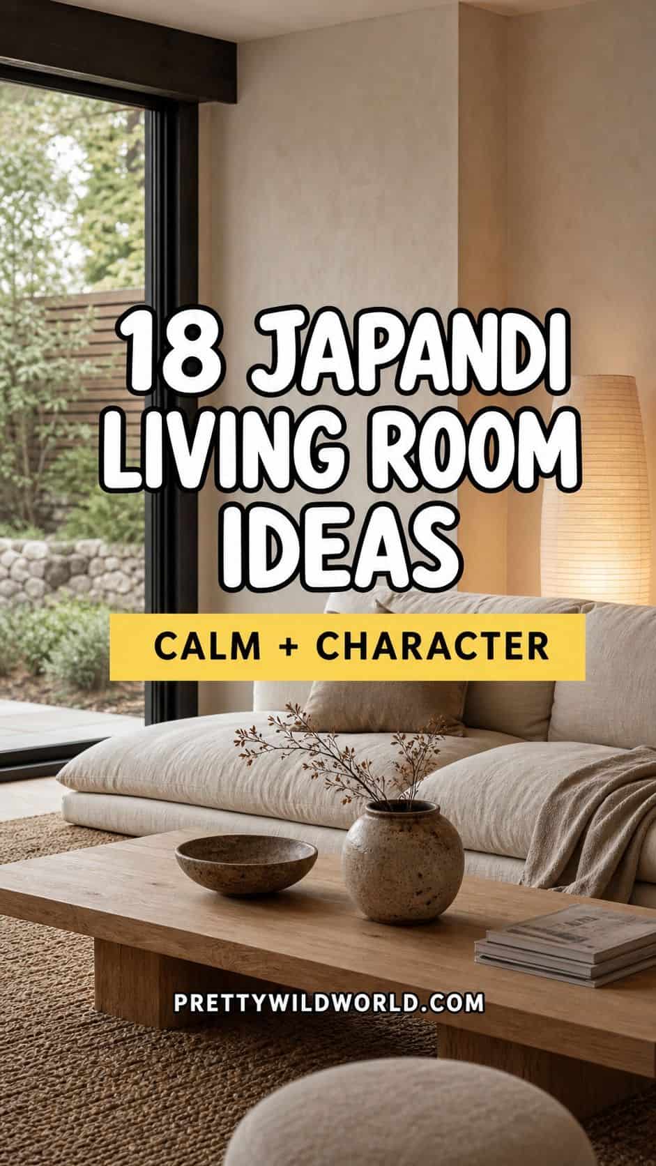 Pinterest pin for Japandi living room ideas with calm neutral decor and warm wood accents.