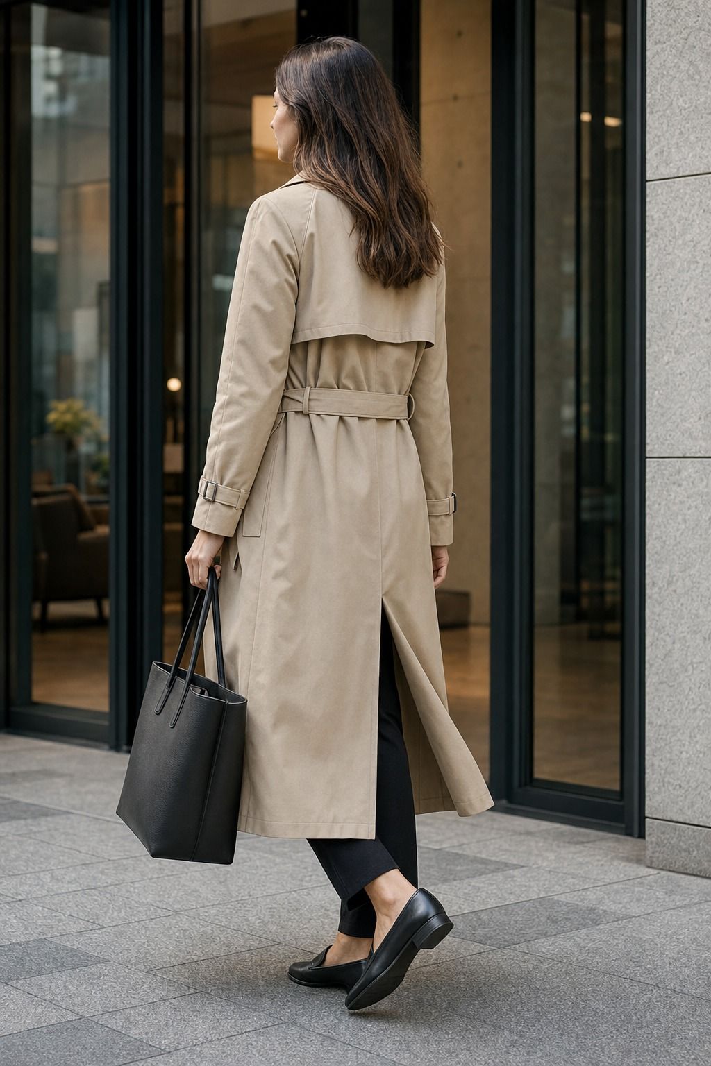 Trench Coat or Long Coat shown as a realistic Pretty Wild World image for 19 Office Capsule Wardrobe Pieces That Make Work Outfits Easier.