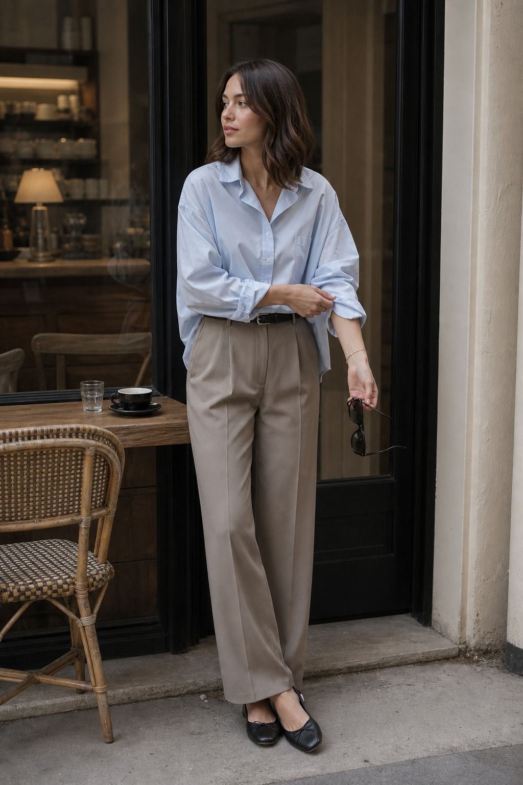 Button Down with Relaxed Trousers shown as a realistic Pretty Wild World image for 19 Smart Casual Capsule Wardrobe Ideas for Polished Everyday Dressing.