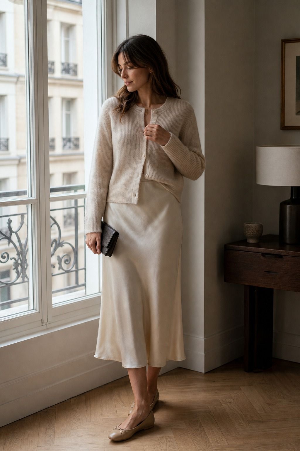 Cardigan with a Satin Skirt shown as a realistic Pretty Wild World image for 19 Smart Casual Capsule Wardrobe Ideas for Polished Everyday Dressing.