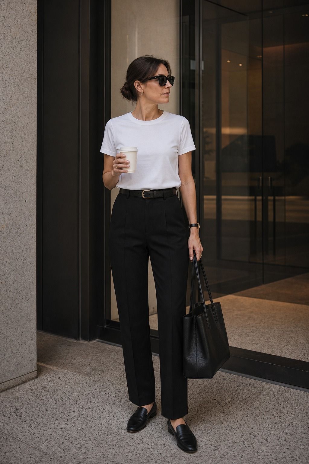 Black Trousers with a Cotton Tee shown as a realistic Pretty Wild World image for 19 Smart Casual Capsule Wardrobe Ideas for Polished Everyday Dressing.