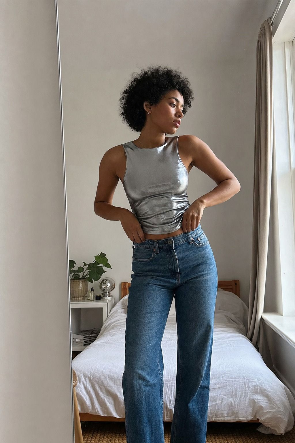 Metallic Top with Straight Jeans shown as a realistic Pretty Wild World image for 17 Stargirl Outfit Ideas That Bring the Y2K Celestial Aesthetic to Life.