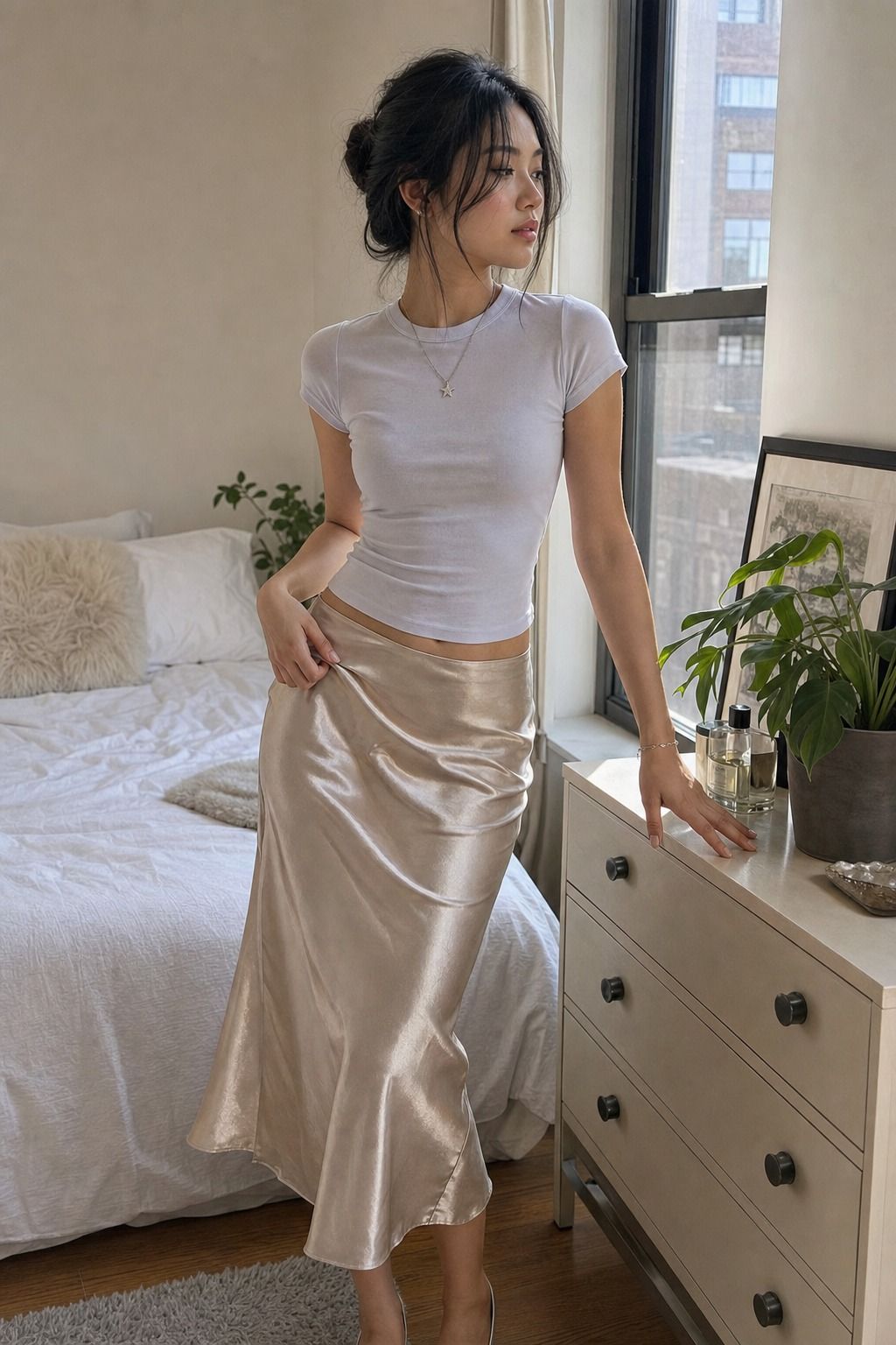 Baby Tee with a Satin Skirt shown as a realistic Pretty Wild World image for 17 Stargirl Outfit Ideas That Bring the Y2K Celestial Aesthetic to Life.
