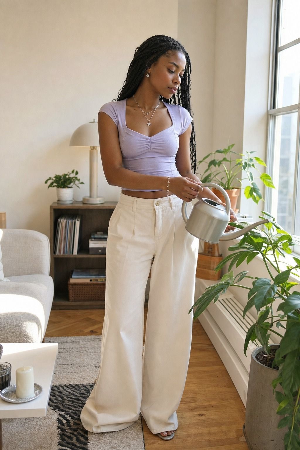 Lavender Top with Wide Leg Pants shown as a realistic Pretty Wild World image for 17 Stargirl Outfit Ideas That Bring the Y2K Celestial Aesthetic to Life.