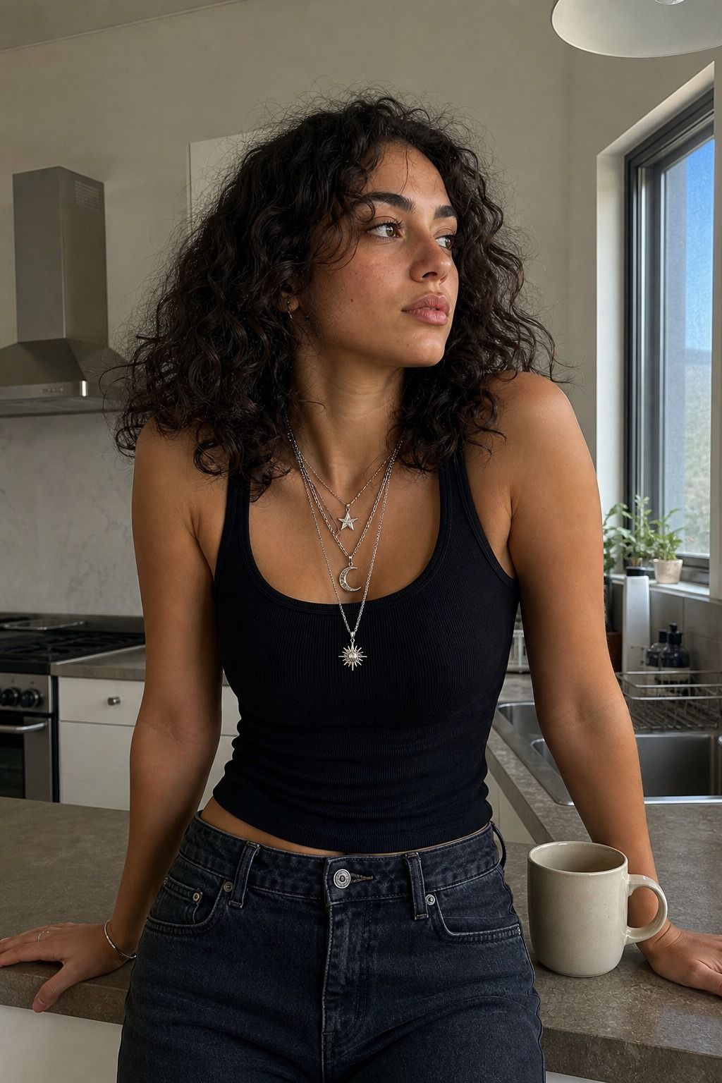 Black Tank with a Celestial Necklace shown as a realistic Pretty Wild World image for 17 Stargirl Outfit Ideas That Bring the Y2K Celestial Aesthetic to Life.
