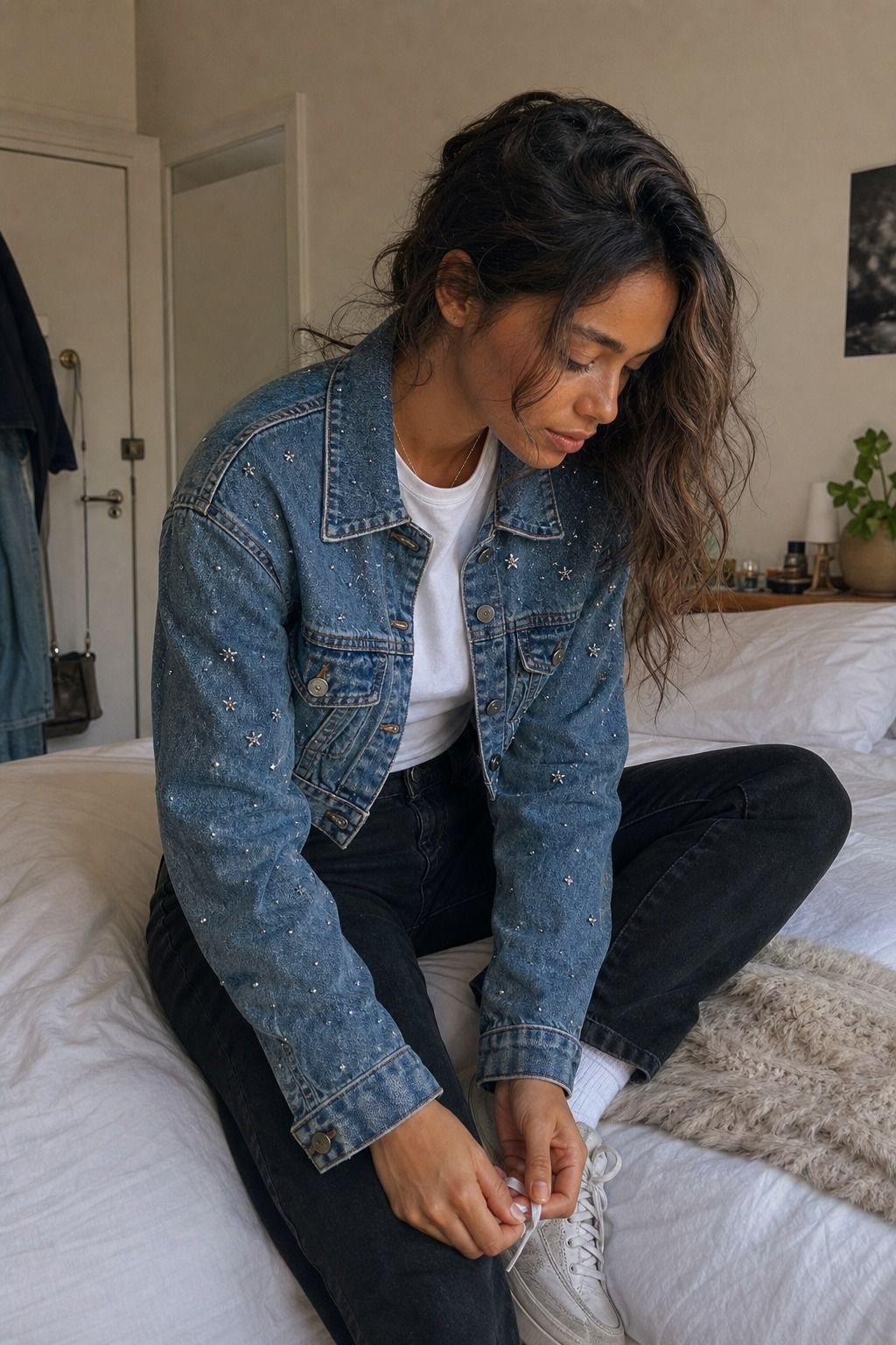 Denim Jacket with Sparkly Details shown as a realistic Pretty Wild World image for 17 Stargirl Outfit Ideas That Bring the Y2K Celestial Aesthetic to Life.