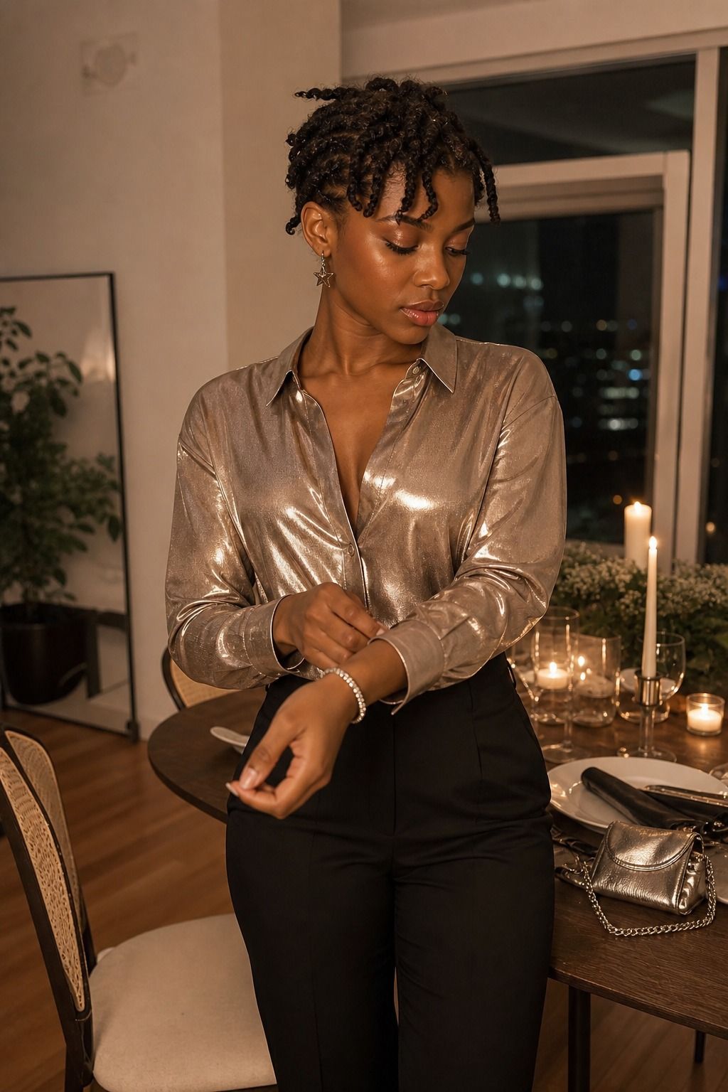 Birthday Dinner Metallic Formula shown as a realistic Pretty Wild World image for 17 Stargirl Outfit Ideas That Bring the Y2K Celestial Aesthetic to Life.