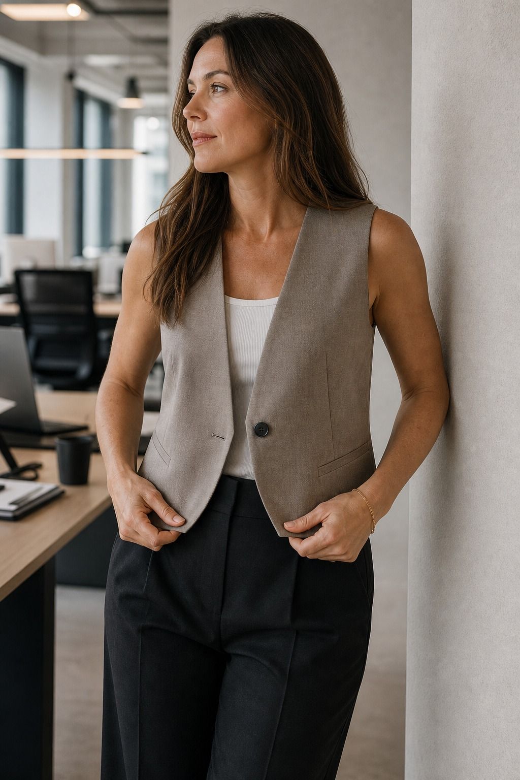 Travel Pants with a Sleeveless Vest shown as a realistic Pretty Wild World image for 20 Travel Capsule Wardrobe Ideas That Fit Real Itineraries.