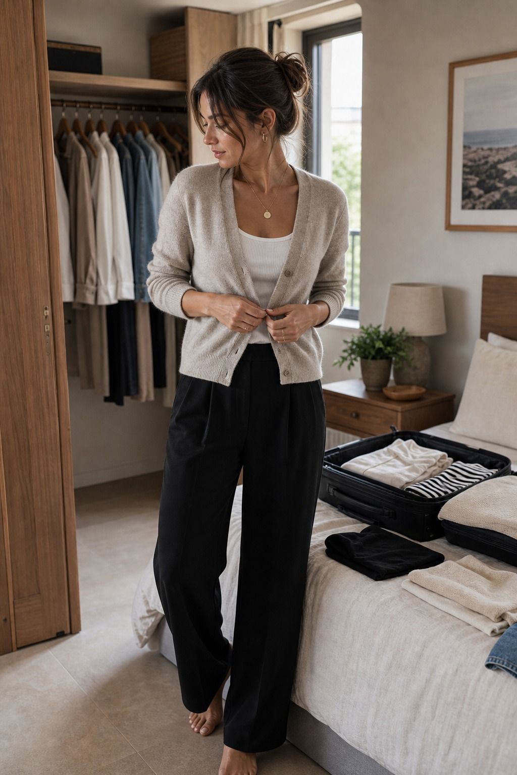 Cardigan over a Tank and Trousers shown as a realistic Pretty Wild World image for 20 Travel Capsule Wardrobe Ideas That Fit Real Itineraries.