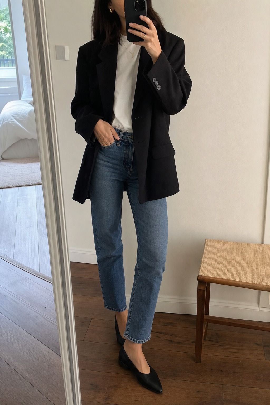 Blazer with a Simple Base shown as a realistic Pretty Wild World image for 19 Basic Minimalist Outfit Ideas That Make Getting Dressed Easier.