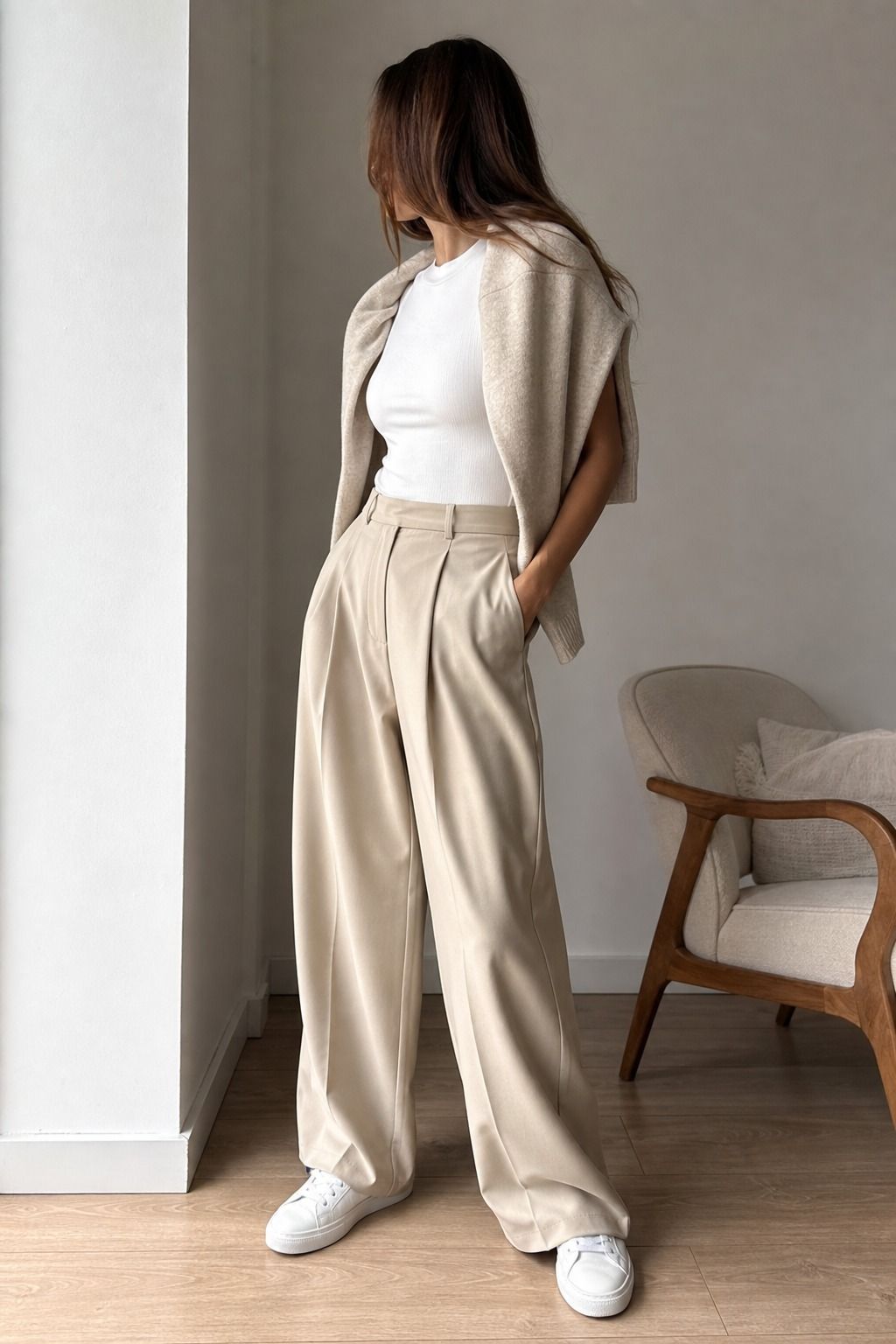 White Sneakers with Wide Leg Pants shown as a realistic Pretty Wild World image for 19 Basic Minimalist Outfit Ideas That Make Getting Dressed Easier.