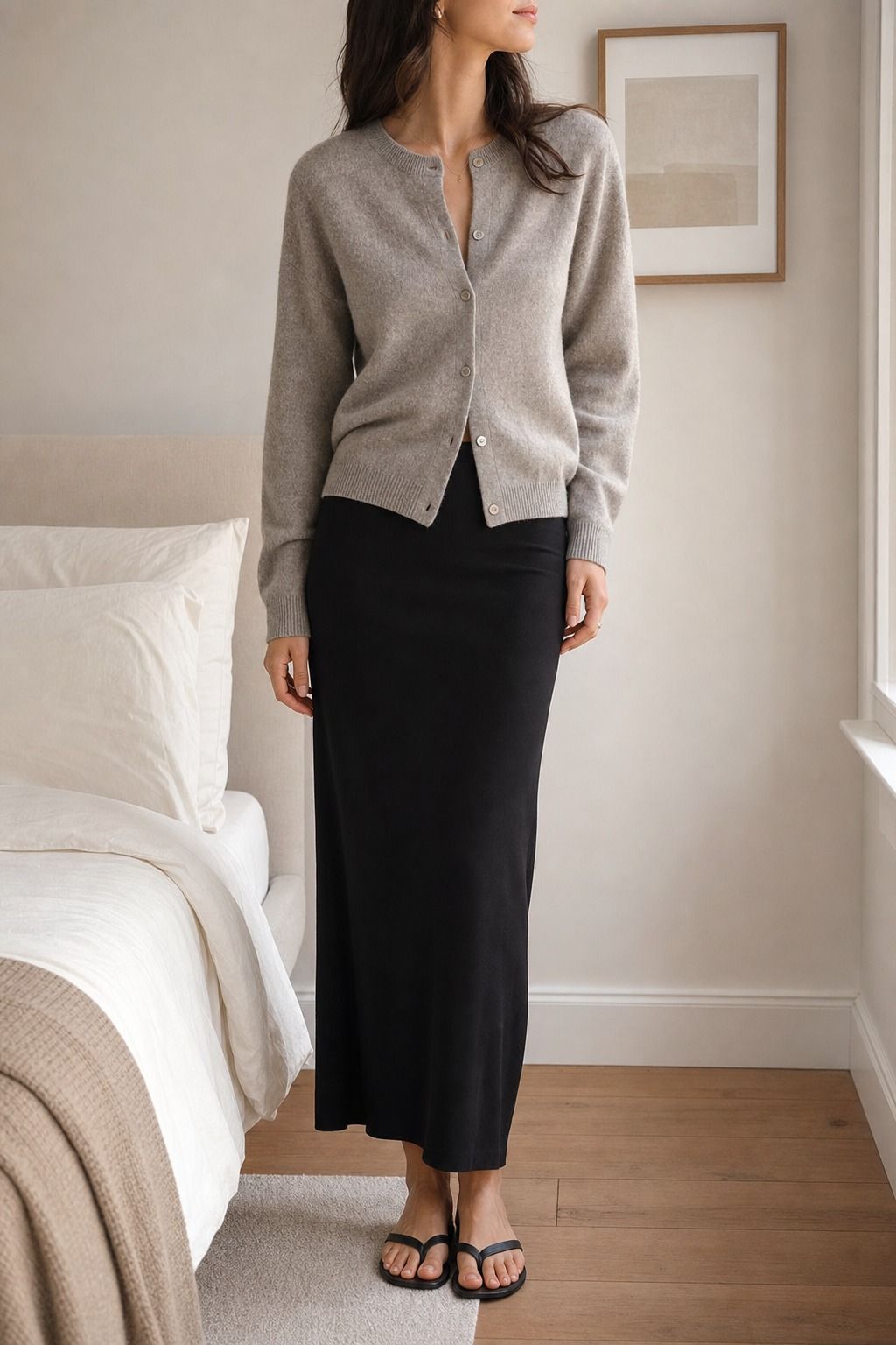 Cardigan with a Column Skirt shown as a realistic Pretty Wild World image for 19 Basic Minimalist Outfit Ideas That Make Getting Dressed Easier.