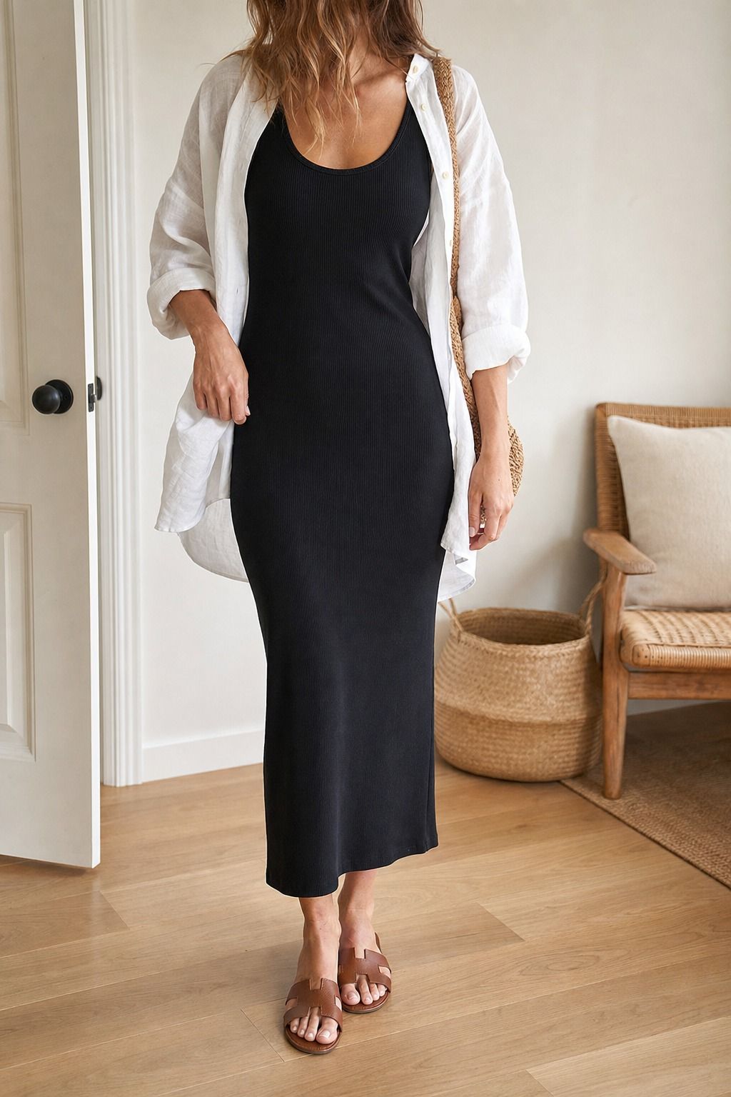 Tank Dress with a Light Layer shown as a realistic Pretty Wild World image for 19 Basic Minimalist Outfit Ideas That Make Getting Dressed Easier.