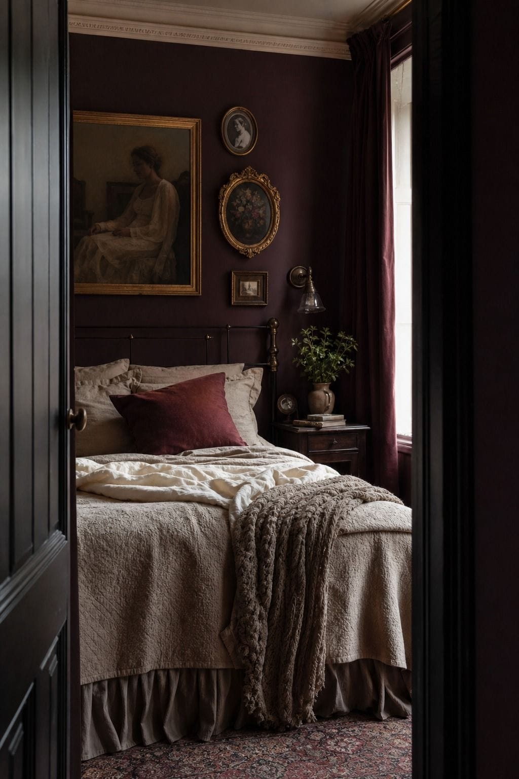 Whimsigoth bedroom with deep plum walls, warm bedding, burgundy curtains, and brass accents.