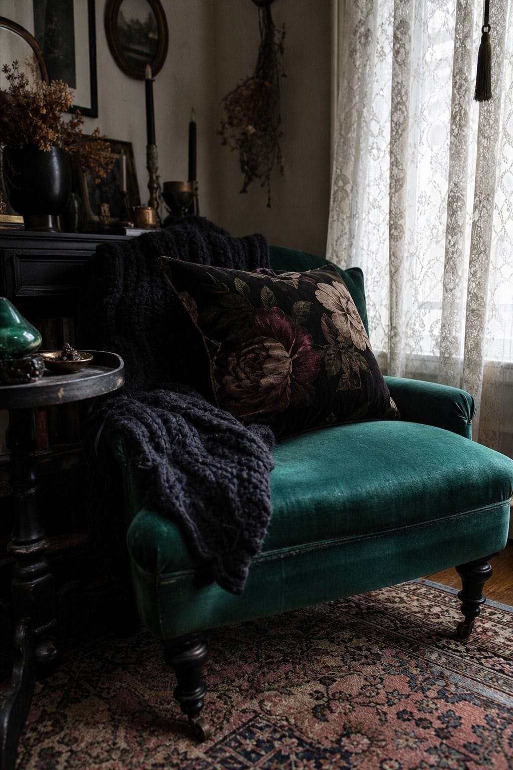 Whimsigoth sitting area with emerald velvet chair, lace curtain, worn rug, and knit throw.