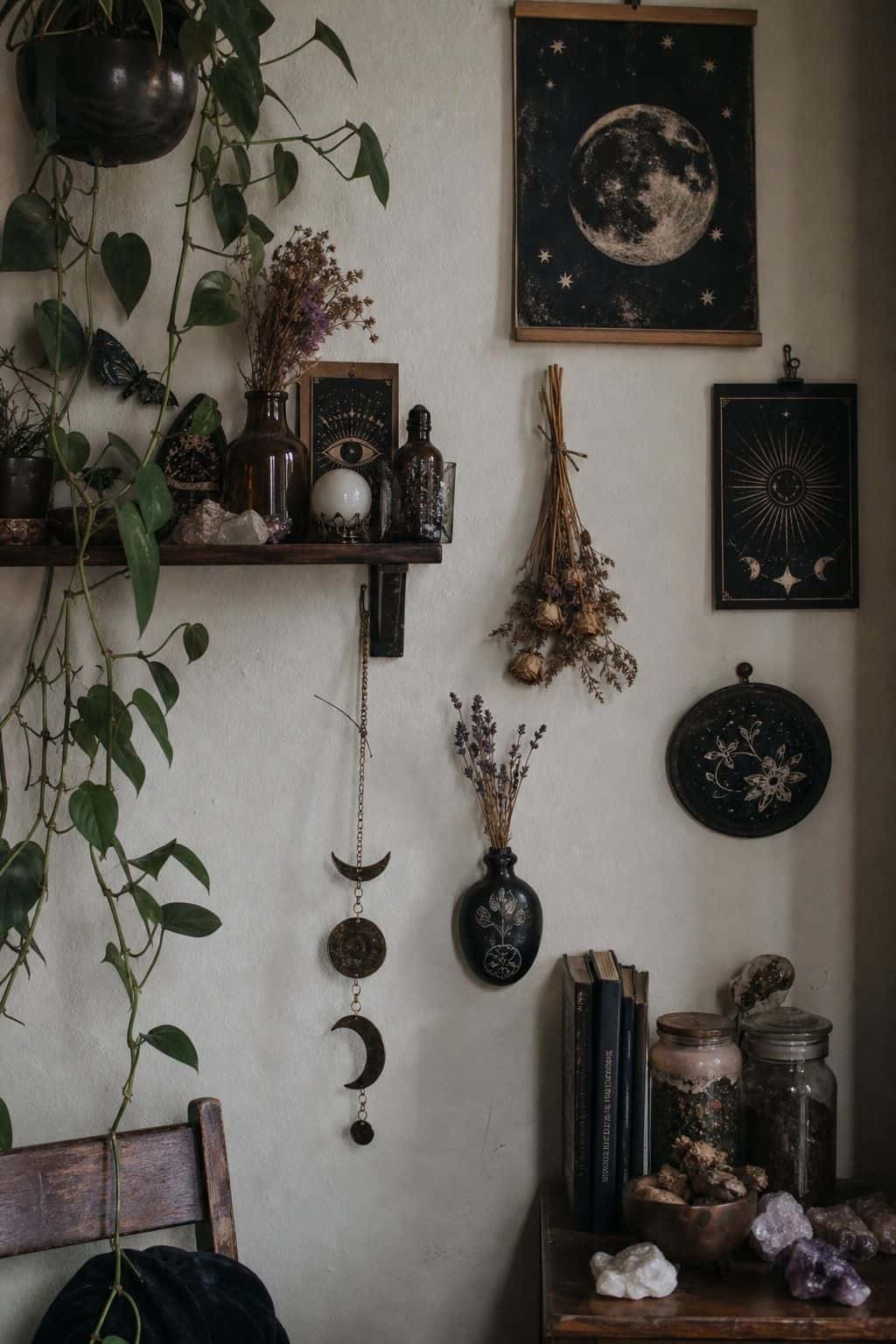 Whimsigoth shelf with moon art, trailing plants, dried flowers, crystals, and apothecary jars.