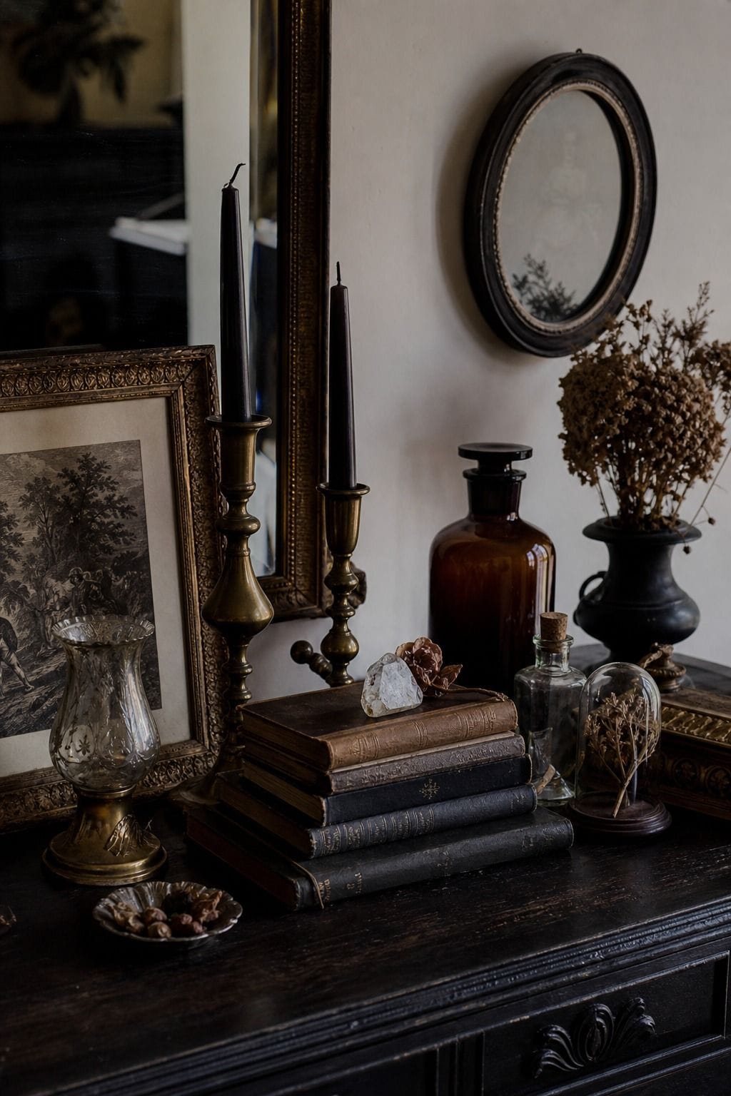 Styled whimsigoth mantel with old books, brass candlesticks, apothecary jars, and dried flowers.