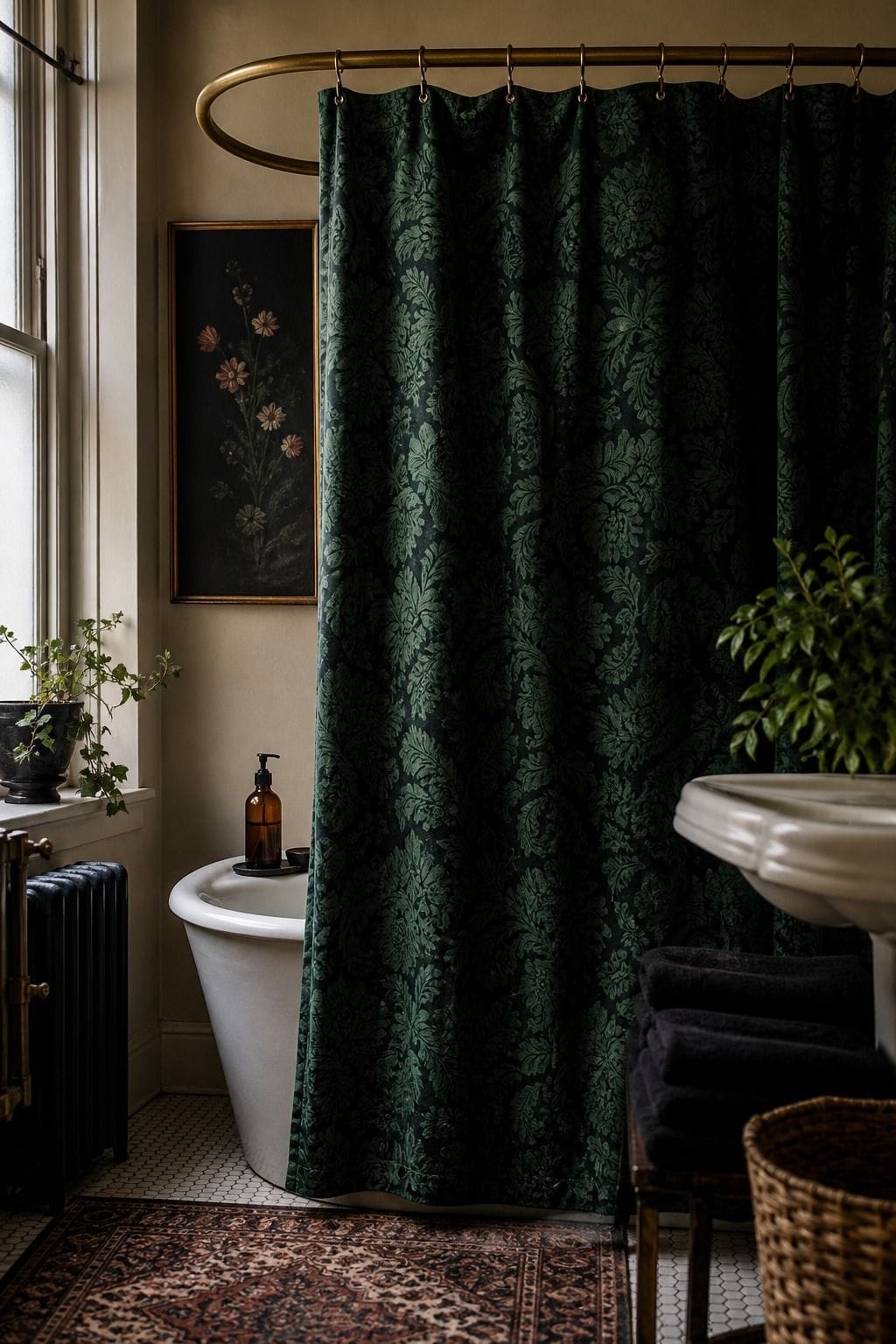 Whimsigoth bathroom with a deep jewel tone shower curtain and brass details