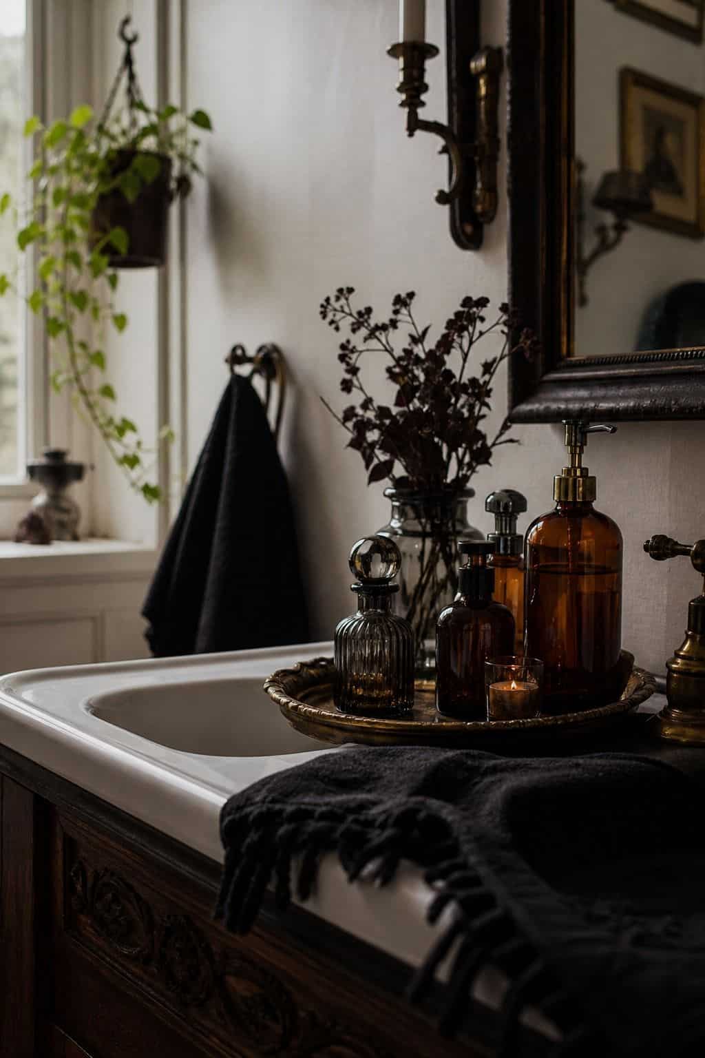 Amber apothecary bottles styled on a whimsigoth bathroom counter