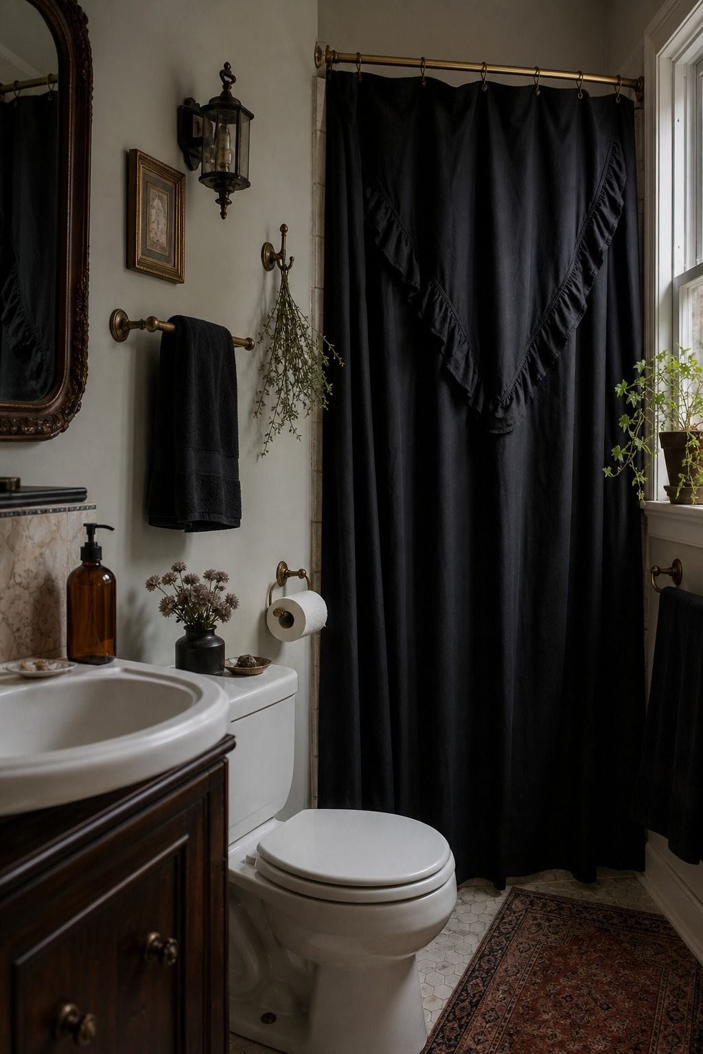 Aged brass bathroom hardware warming a small whimsigoth bathroom