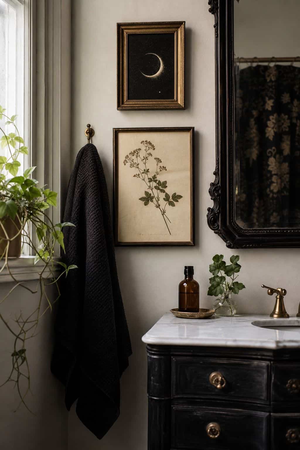 Small moody framed art styled on a whimsigoth bathroom wall