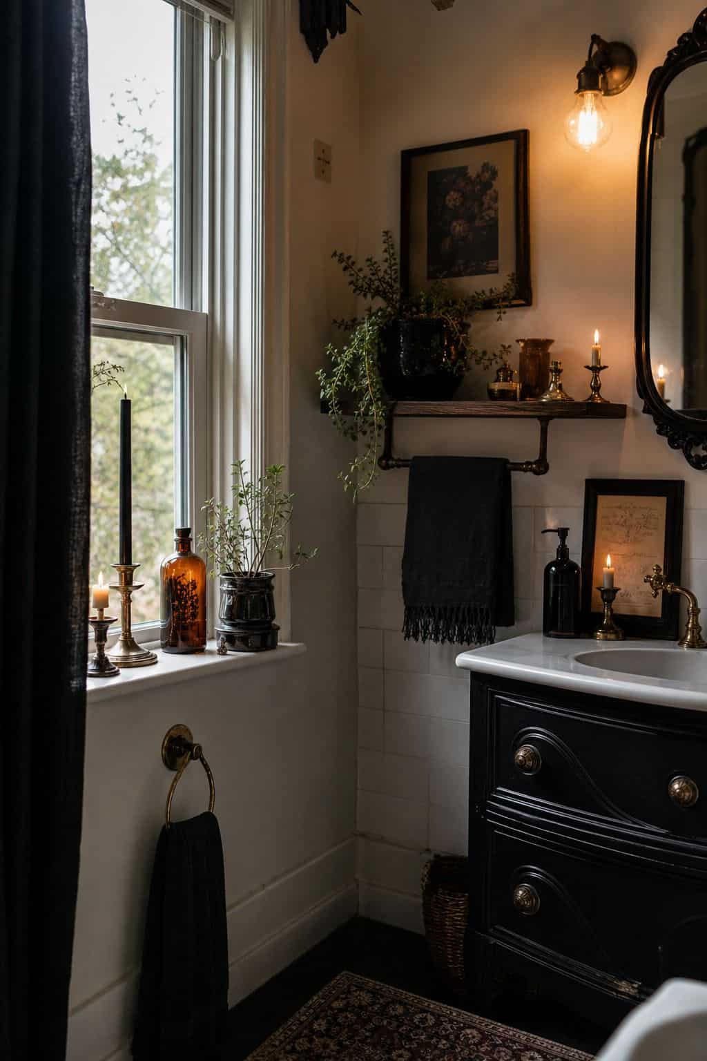 Candles and warm light creating a moody whimsigoth bathroom glow