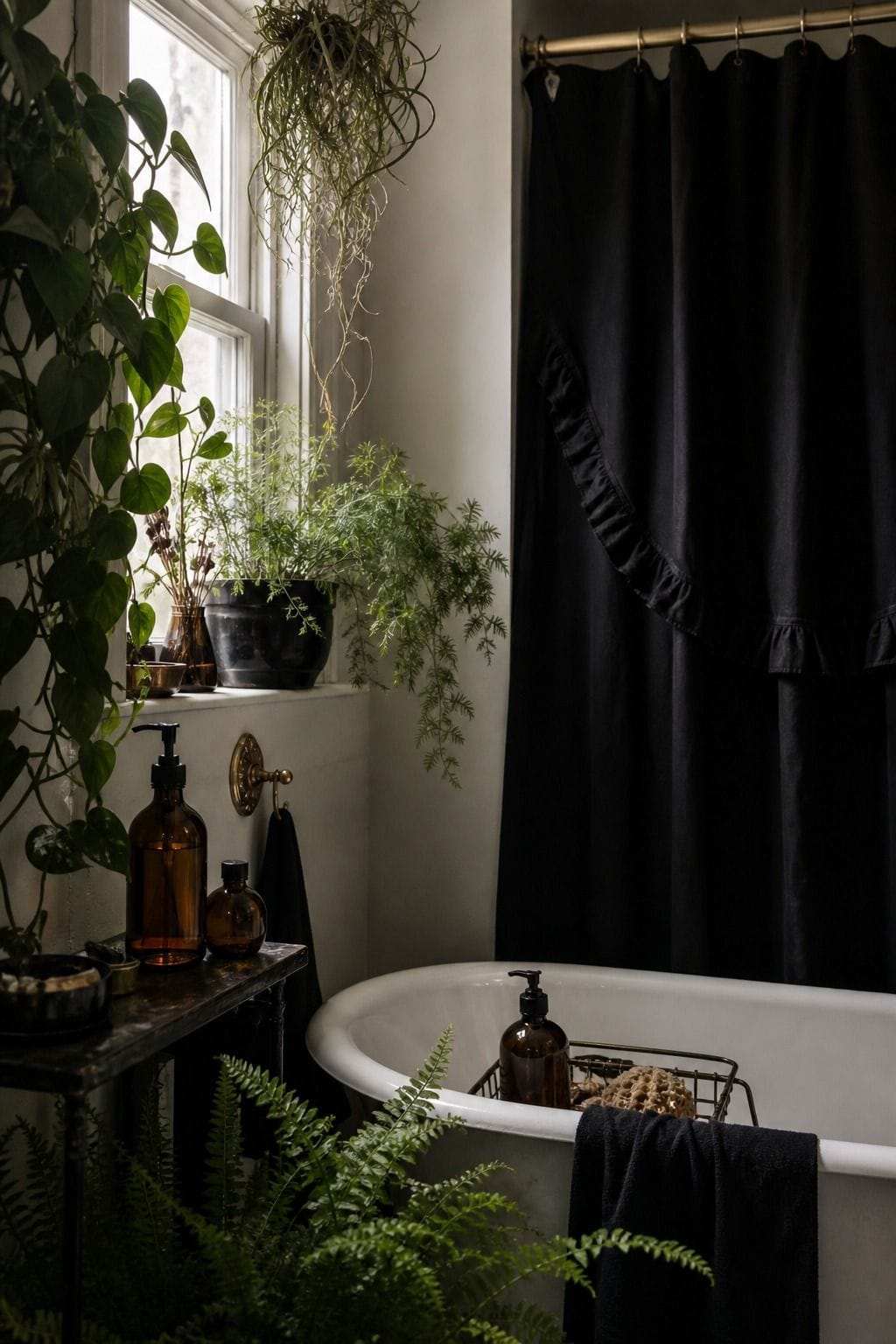 Ferns and pothos bringing greenery to a whimsigoth bathroom