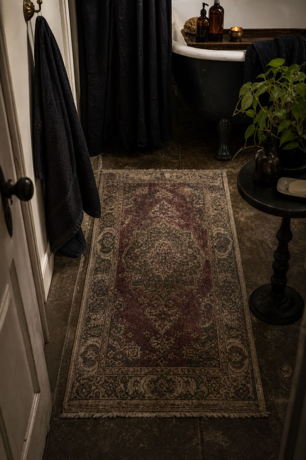 Vintage patterned bath rug grounding a moody whimsigoth bathroom