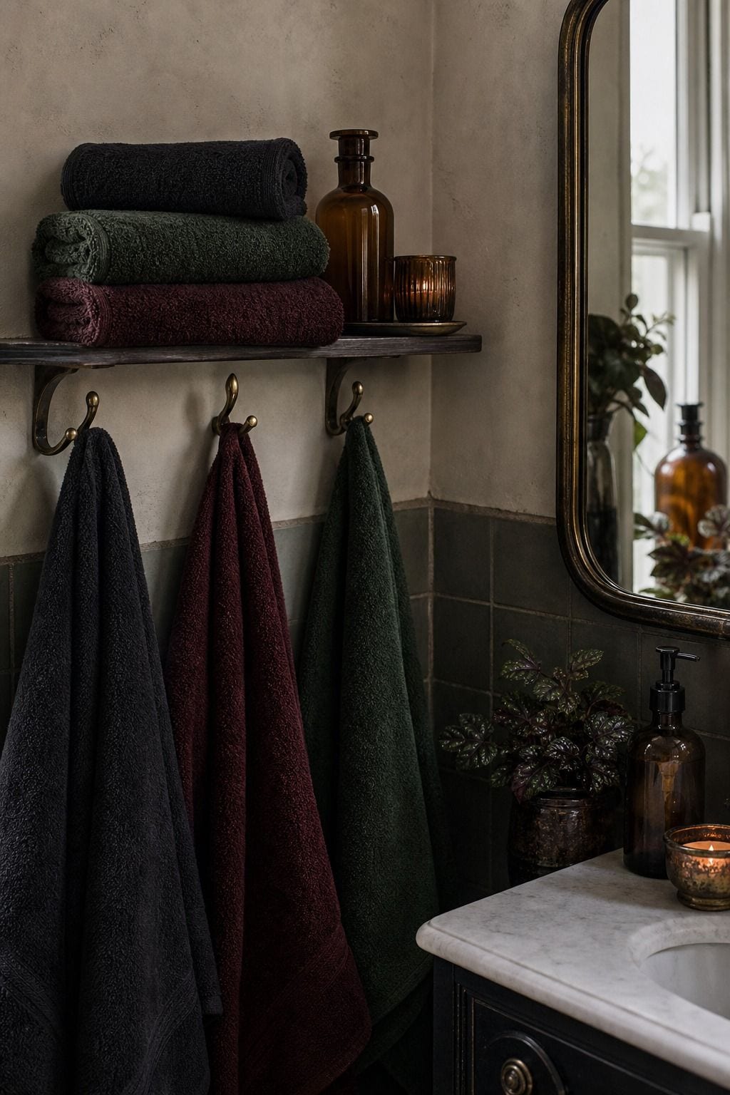 Dark towels stacked and hung in a small whimsigoth bathroom