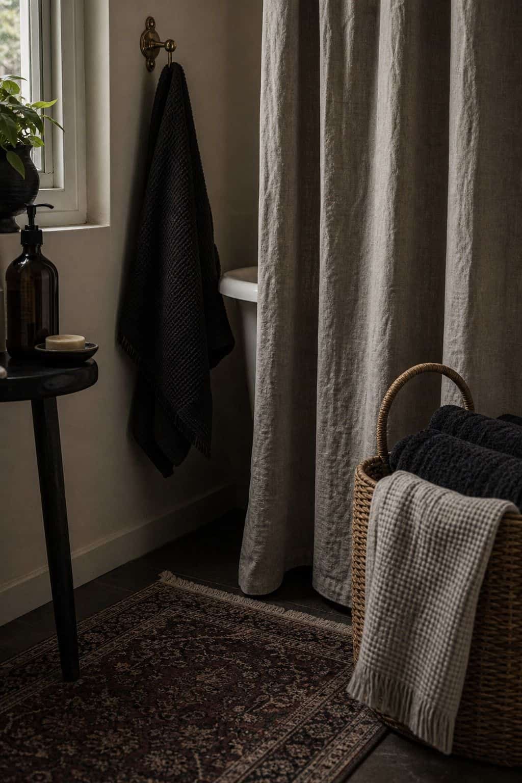 Layered textured textiles in a renter friendly whimsigoth bathroom