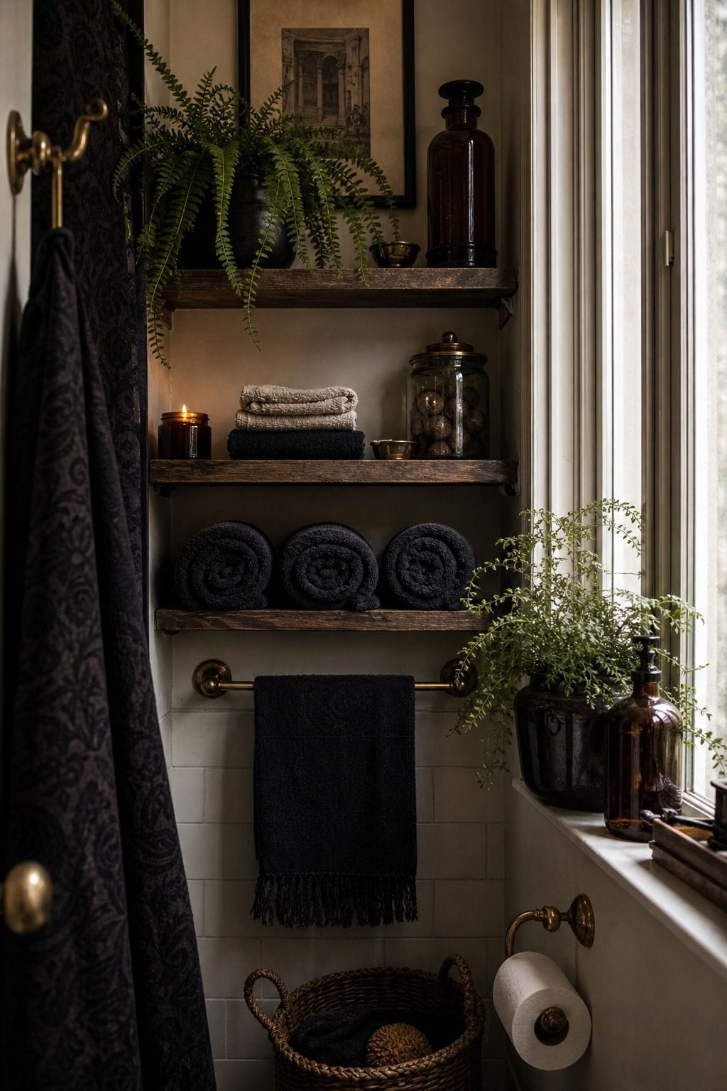 Open bathroom shelf styled with dark towels amber glass and plants