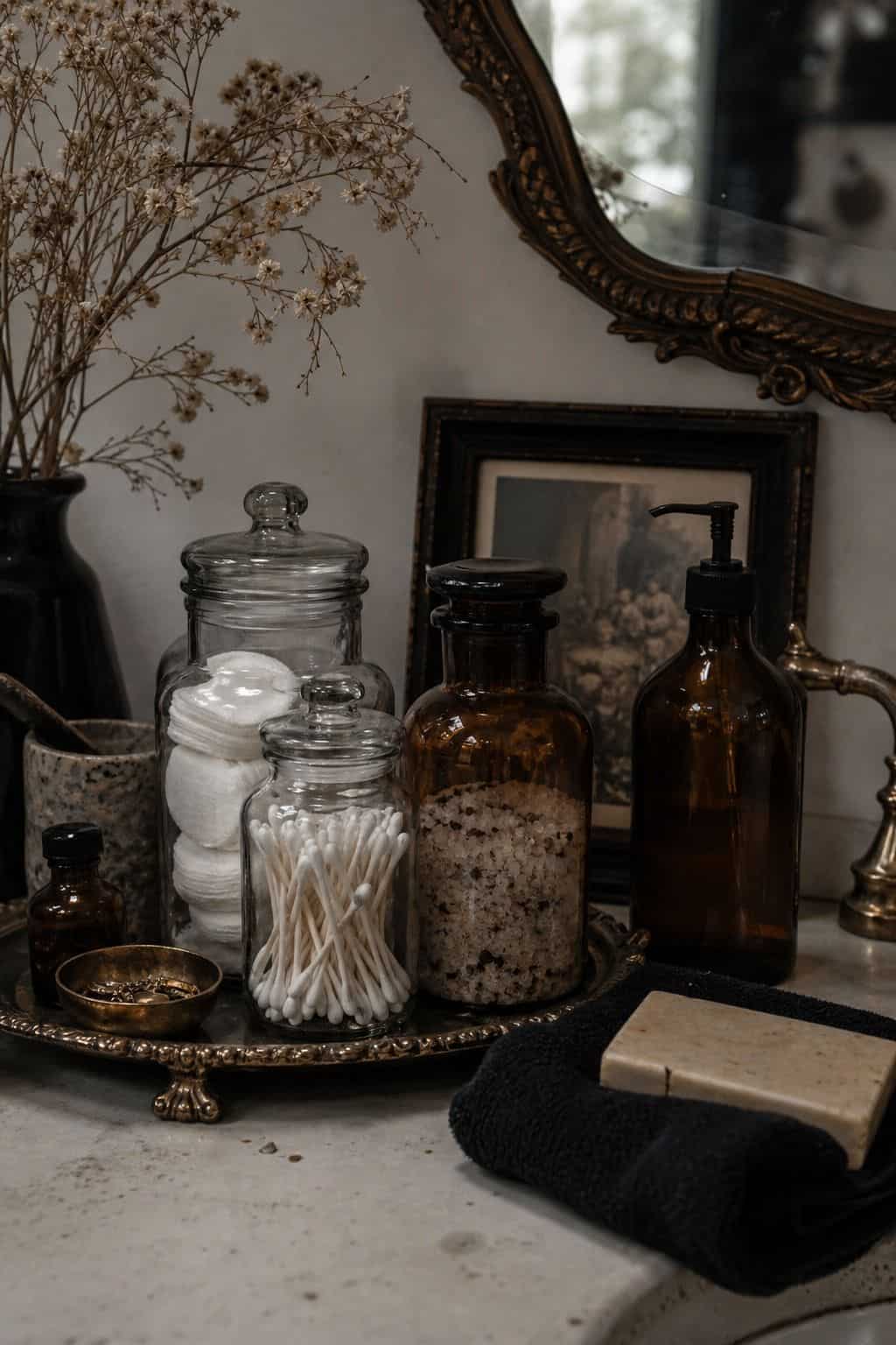 Apothecary jars organizing cotton rounds and bath salts in a whimsigoth bathroom