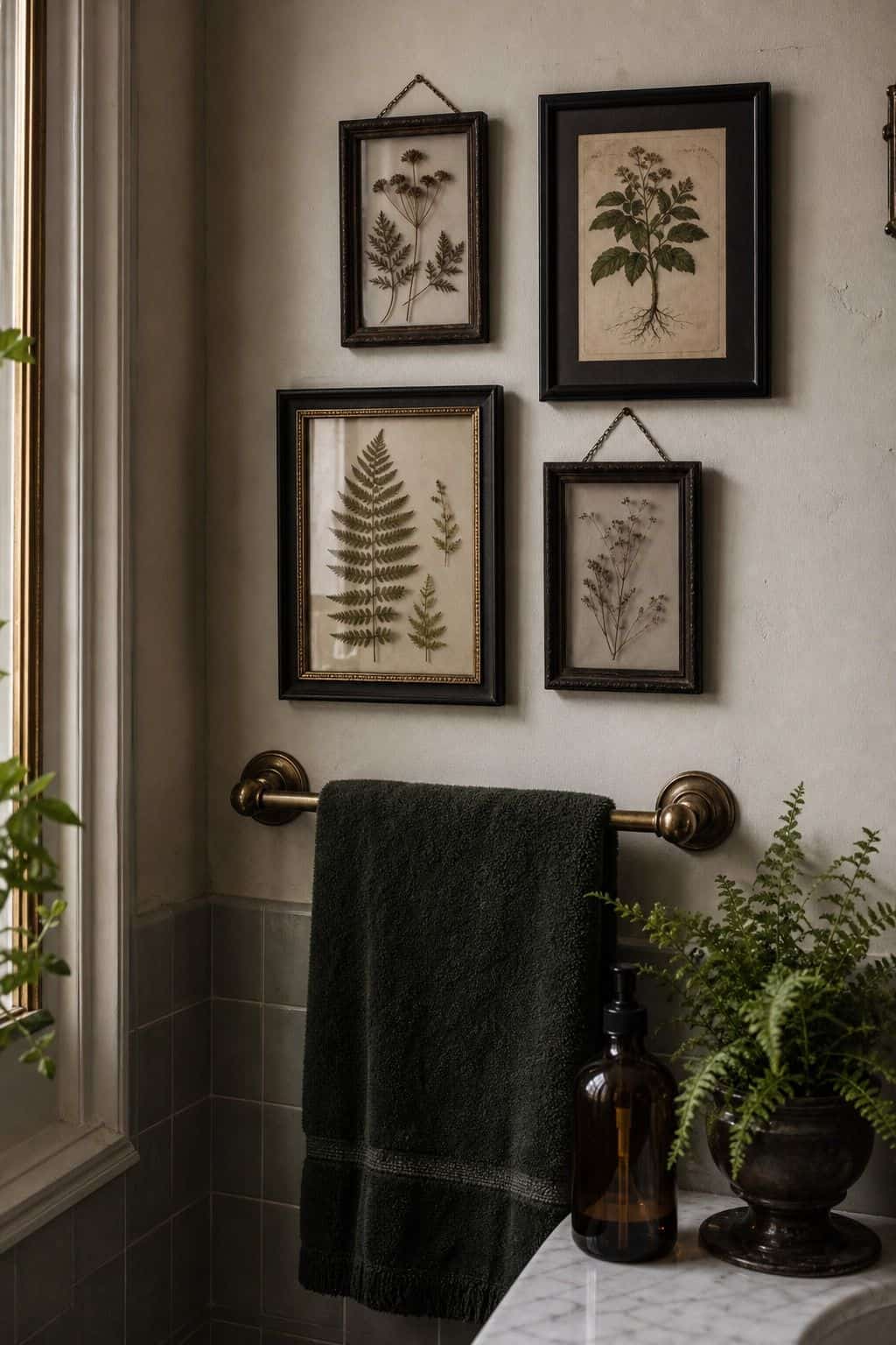 Framed botanical prints adding earthy detail to a whimsigoth bathroom