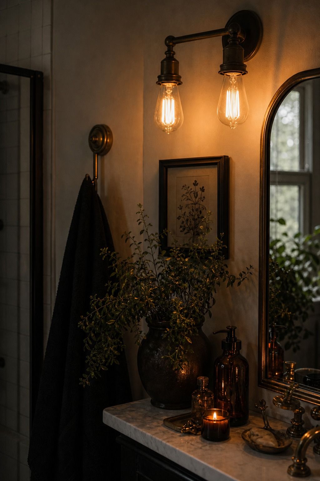 Warm dim bathroom lighting creating a spa like whimsigoth atmosphere