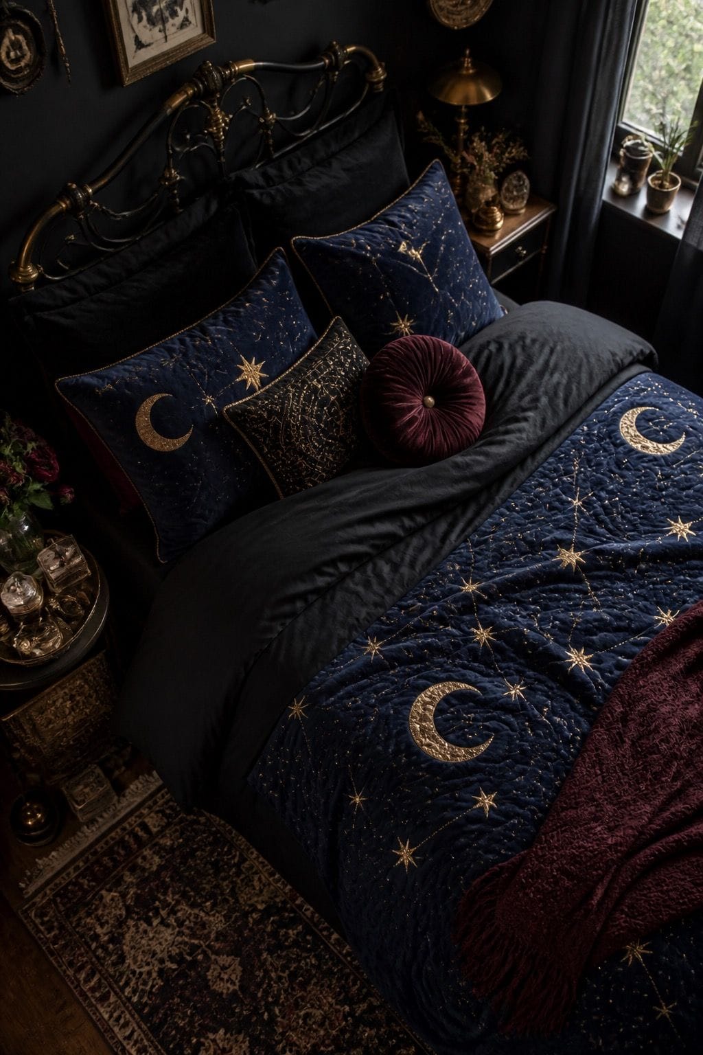 Whimsigoth bedroom with celestial bedding and moody layered decor