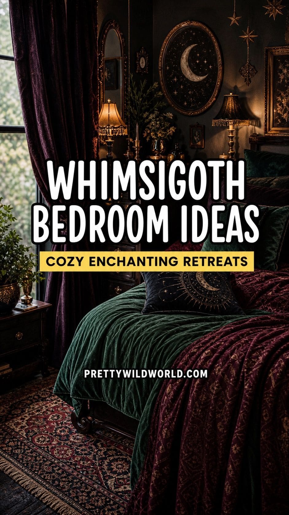 Pinterest pin for whimsigoth bedroom ideas with a moody cozy bedroom