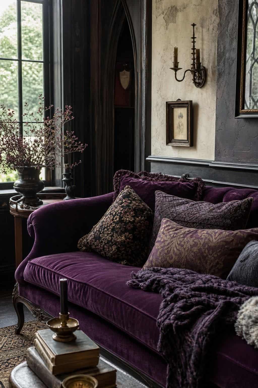 Deep plum velvet sofa styled in a moody whimsigoth living room.