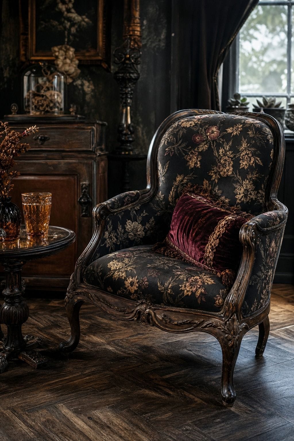 Vintage cabriole-leg accent chair in a dark romantic reading nook.