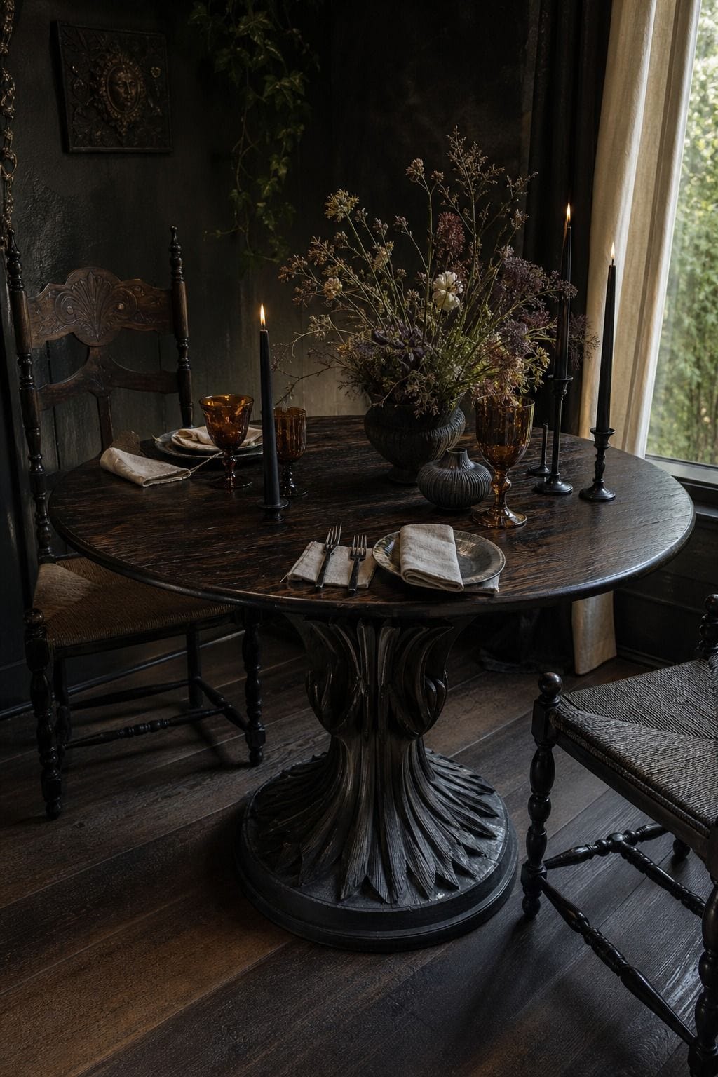 Round dark wood pedestal table styled for a moody whimsigoth dining nook.